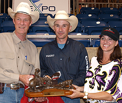 Faith In My Cat's rider, Clint Allen (center) with owners Tom and Jennifer Lyons. Kalyn Sanders photo.
