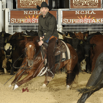 Steven Feiner on Button Down Supercat led the go-rounds for the Non-Pro Super Stakes Classic. Hart Photography.